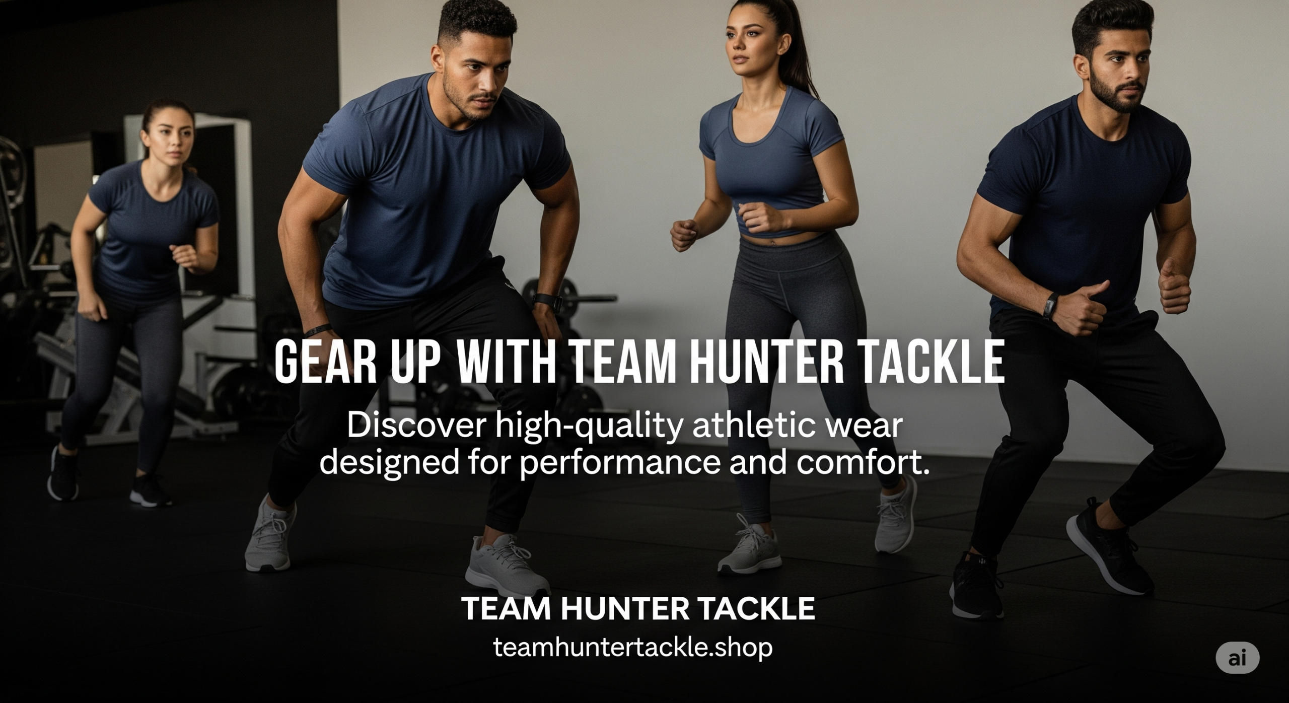 Promotional banner for Team Hunter Tackle featuring athletes in high-performance athletic wear in a modern gym setting.